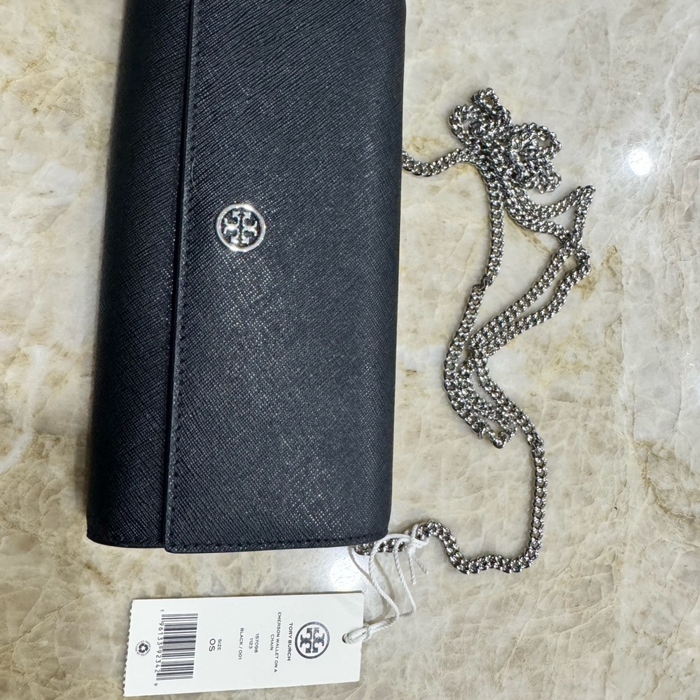 New Tory Burch Black Leather Wallet with Silver Chain